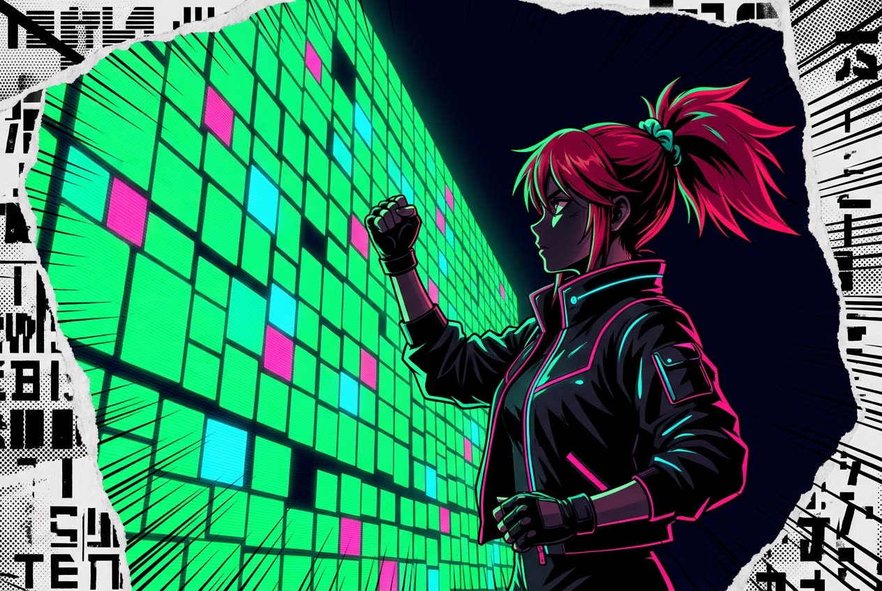 Annie saluting a colossal wall of glowing operation tiles